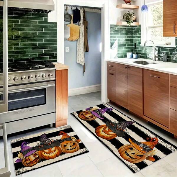 1/2pcs Halloween Themed Rugs, Thickened Striped Pumpkin Kitchen Mat, Non-Slip Carpet For Living Room, Bedroom, Bathroom, Washable Doormat, Home Decor