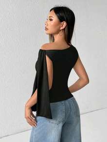 Elegant Suplex T-Shirt Top With Asymmetrical Shoulders And Straps, Ideal For Daily Use, Outings, Nightclubs, Parties, Halloween Costumes - 黑色 - 查看 9