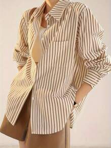 Women's Elegant Striped Fashionable French Style Loose Long Sleeve Button Pocket Casual Shirt