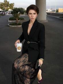 1 Set Women's Solid Color Button Blazer & Lace Skirt Suit Set, Casual Autumn/Winter