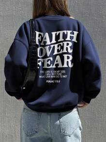 Sweat-shirt à manches longues et col rond pour femme, style décontracté, ample et polyvalent, avec slogan << FAITH OVER FEAR », idéal pour les vacances, idéal pour l'automne et l'hiver.
