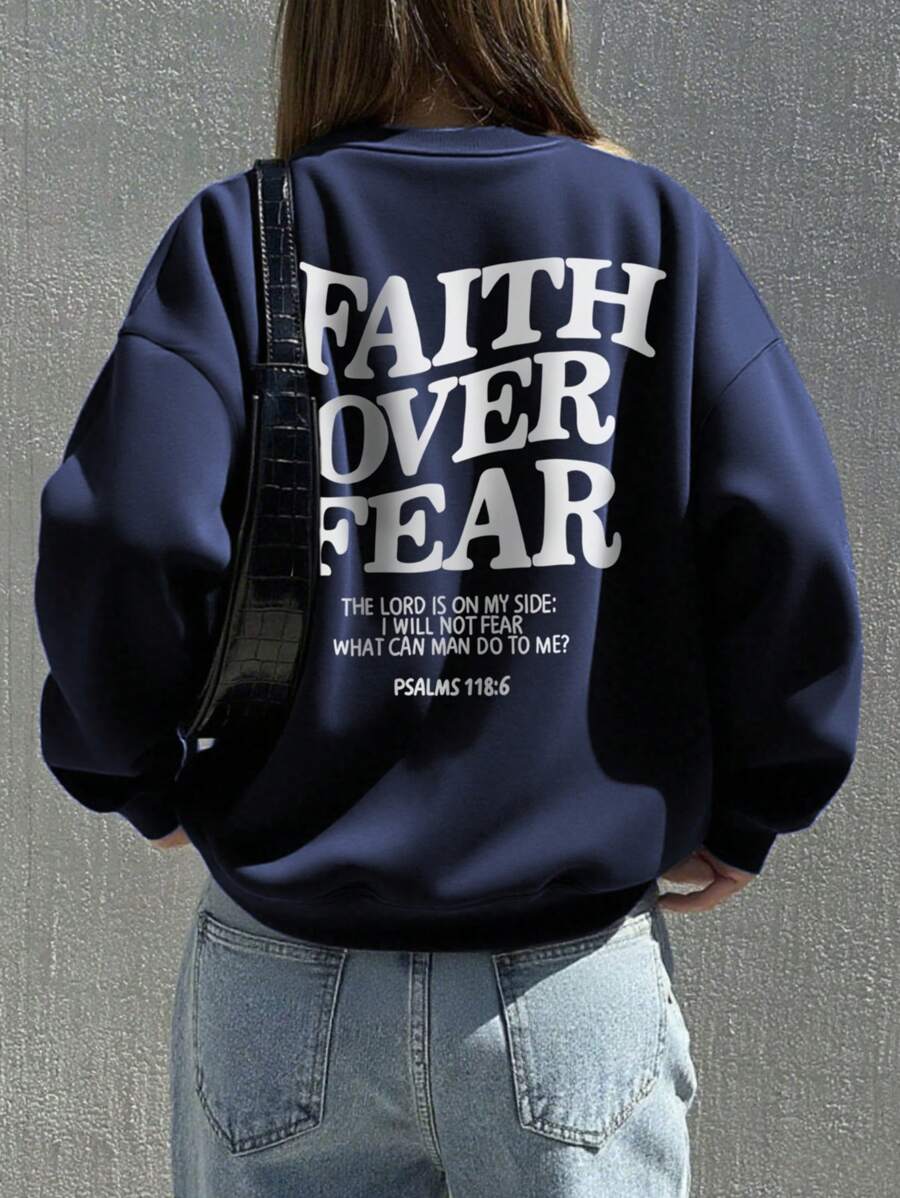 Sweat-shirt à manches longues et col rond pour femme, style décontracté, ample et polyvalent, avec slogan << FAITH OVER FEAR », idéal pour les vacances, idéal pour l'automne et l'hiver.