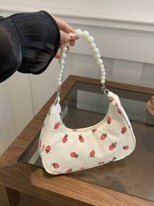 时尚草莓珍珠单肩包、新月形手提包、托特包、沙滩包、休闲草编包、女士手机袋 - 米色 - 查看 11