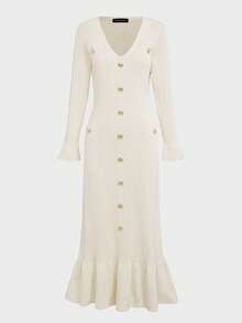 Autumn/Winter Basic Layering Commute Daily Romantic Date Waist Cinched Elastic Knit Long Sleeve Ruffle Hem Sweater Dress - Apricot - View 2