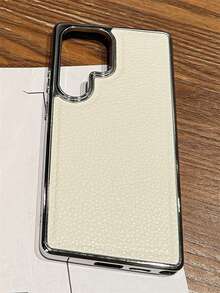 Luxury Plating Border Litchi Pattern Phone Case Compatible With Samsung Galaxy S25 S24 Ultra Plus S25Edge S24Fe Fashion Solid Color Faux Leather Protect Soft Bumper Cover - Silver - View 4