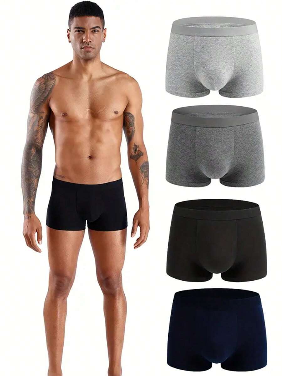 4pcs Men's Cotton Boxer Briefs - Breathable Stretch Comfort Waistband, Mid-Stretch Fabric, Solid Colors For Casual & Athletic Wear Basics Plain Mid Rise - 混合顏色 - 查看 1
