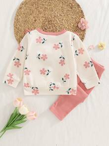 Baby Girl Apricot Floral Print Pink Ruffle Collar Outfit, Including Straight Leg Pink Ribbed Long Pants, Autumn/Winter
