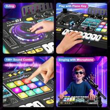 طاولة خلط DJ للأطفال، طاولة خلط DJ للأطفال الصغار مع لوحة DJ وضع اللعبة والتحكم بالإضاءة والسرعة والميكروفون، هدايا للأولاد والبنات من عمر 3 إلى 6 سنوات - طقم خلط DJ للأطفال
