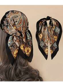 1pc New Satin Square Scarf For Men And Women 70*70cm Satin Floral Geometric Pattern, Elegant Retro Bohemian Style Headscarf, Fashionable And Versatile Neutral Square Scarf, Suitable For Daily And Casual Occasions, Can Also Be Used As A Holiday Gift