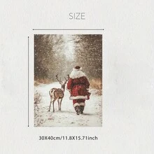 Frameless, A Santa Claus Reindeer Wall Art Print Poster, Winter Forest Snow Scene Christmas Home Decoration Painting, Farmhouse Christmas Print Hanging Painting, And His Reindeer Painting, Canvas Poster Room Decoration, Living Room Art Decoration, Modern Home Wall Art Decoration, Ideal Home Gift Creativity, Suitable For Living Room Study Bedroom Corridor Art Decoration Painting Christmas Decorations