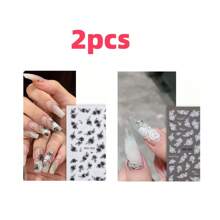 1黑玫瑰日系5d 3D薄透夜黑白玫瑰指甲贴复古半透血红玫瑰指甲贴DIY指甲贴自带背胶黑白玫瑰花朵指甲贴。