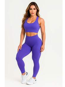 Leggings And Top Set For Gym Fitness Walking Bodybuilding Smooth Suplex A01 - 藍色 - 查看 1