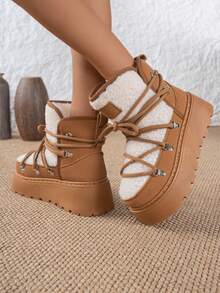 Girl Snow Boots, New 2025 Fleece Thickened Round Toe Lace-Up Fashion Warm Winter Outdoor Boots
