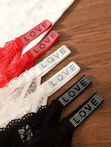 7pcs Women Lace Floral Rhinestone Decorated Sexy Lingerie Set, Thong Panties With Rhinestone Letter Decor