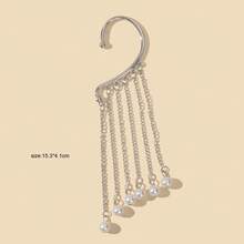 2 Pcs Stylish Imitation Pearl Decor Silver Tassel Chain Wrap Around Earrings Ear Cuffs No Piercing Daily Party Jewelry