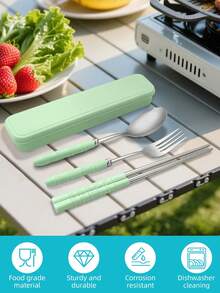 4pcs Portable Stainless Steel Travel Tableware Set With Storage Case, Portable Spoon Fork Chopsticks Kit, Camping Flatware Set,Easy To Carry And Store, Dishwasher, For Outdoor Camping, Picnic, Office School Daily Dining,Back-To-School - - - View 4