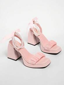 Giày sandal mùa hè kiểu Pháp dành cho nữ, thiết kế độc đáo, họa tiết nơ xinh xắn, đế cao, phù hợp với người nhỏ nhắn. - Hồng - Xem 7