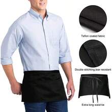 Cotton Linen Aprons With Pockets For Baking Funny Printed Aprons For BBQ Parties Server Aprons With 3 Pockets Black Server Waist Aprons Waitress Half Apron Waterdrop Resistant Waitress Apron Insulated Aprons For Hot Food Handling - Black-1Pack - View 8