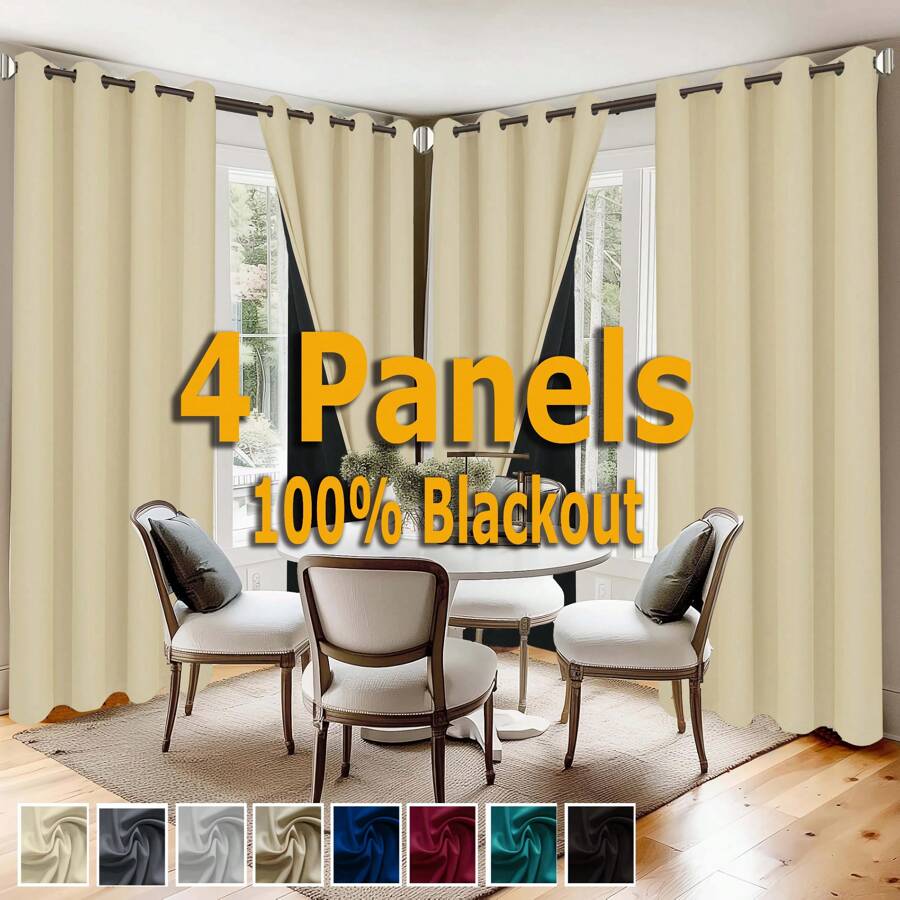 100% Blackout Curtains For Bedroom With Black Coated Film, Total Blackout Thermal Insulated Grommet Window Curtains-4pcs/Set