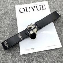 Unisex Gothic Cross Studded PU Leather Belt – Vintage Hollow Carved Metal Buckle Waist Belt With Celestial Accents.., - [黑舌]十字鉚釘聖劍腰帶 - 查看 1
