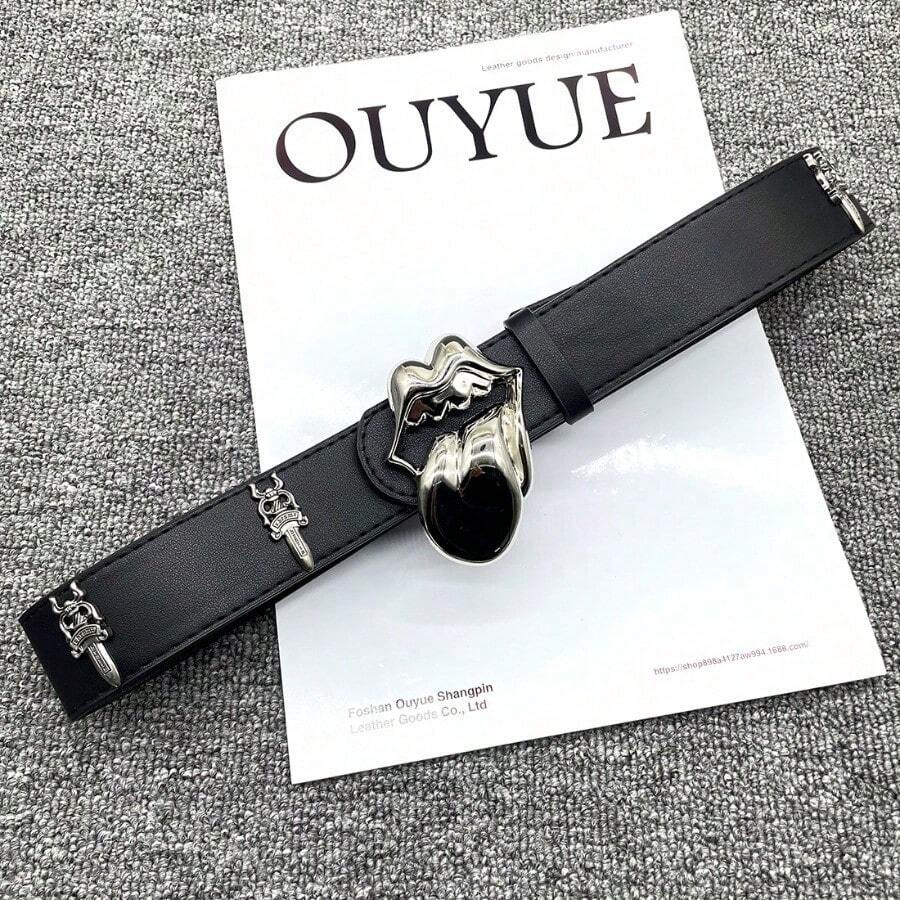 Unisex Gothic Cross Studded PU Leather Belt – Vintage Hollow Carved Metal Buckle Waist Belt With Celestial Accents.., - [黑舌]十字鉚釘聖劍腰帶 - 查看 1