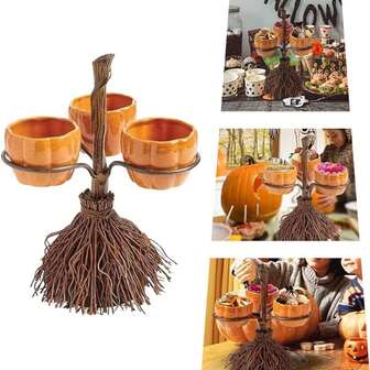 1pc Halloween Pumpkin Snack Bowl Holder, Pumpkin Bowl On Broom, Foldable Party Tray, Candy Holder Bowl Halloween Party Supplies, Perfect For Snacks, Salads, Desserts, Ideas