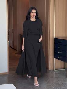 3pcs Set: 1pc Open Front Long Robe With Buttons, 1pc Sleeveless Vest, 1pc Cropped Pants, Elegant Modern Solid Color Suit, Suitable For Casual Daily/Work Wear, Autumn/Winter - Black - View 3