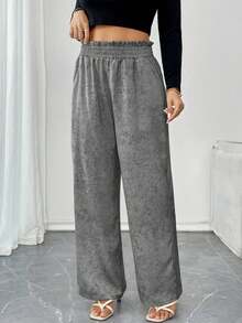 Pantalón recto casual para uso básico de dama liso con resorte de moda - Gris - Ver 2