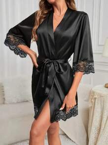 1 pieza Bata de baño con decoración de encaje y cinturón para mujer, bata de baño de seda sintética sexy para mujer, ropa de casa informal y ligera, pijama, cárdigan simple y suelto, bata con cinturón, adecuada para uso doméstico y hotelero, excelente opción para la temporada de regreso a clases, bata de baño para todo el año, bata de baño de verano, bata de baño de otoño, bata de baño de invierno (los artículos con estampado de encaje se envían al azar).