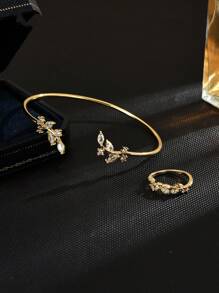 2 Peças Conjunto de Joias Inspirado na Natureza com Pulseira e Anel em Formato de Folha com Pedra de Zircônia em Liga de Cobre, Elegante para Mulheres