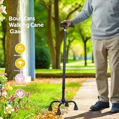 One Adjustable Height Cane For Men And Women With 4 Prong Base For Increased Stability - Foldable Walking Cane For Seniors, Adjustable Walking Cane With 4 Large Prong Base For Increased Balance And Stability, Walking Cane For Seniors, Walking Cane For Men And Women, Hiking Cane (Black)
