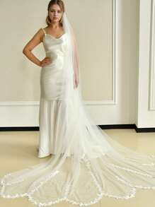 1 件长款新娘面纱带发梳，不对称叶子刺绣装饰，简约百搭，适合婚纱，纯色休闲尼龙材质女士秋装