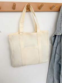 女士纯色帆布手提包，容量大，时尚，适合上学、休闲、旅行、街头风格、极简主义