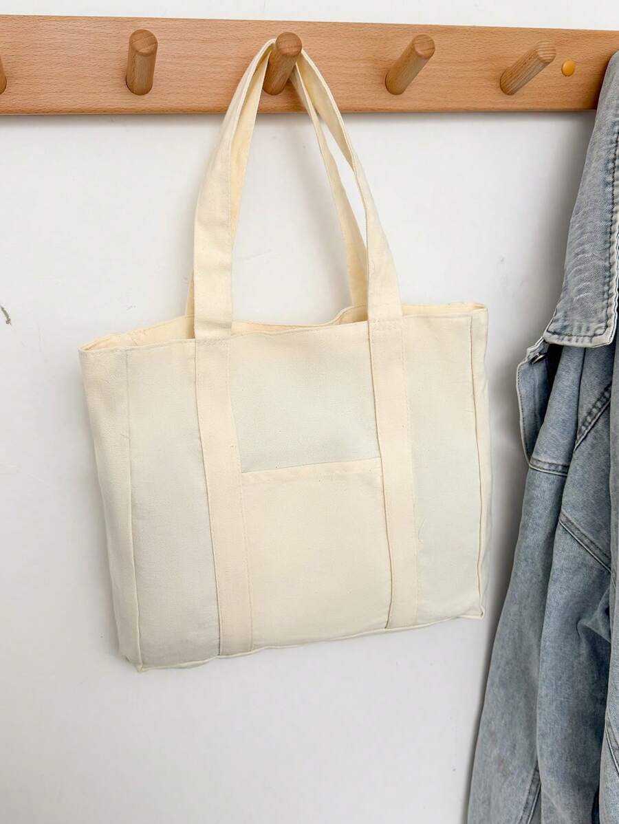 女士纯色帆布手提包，容量大，时尚，适合上学、休闲、旅行、街头风格、极简主义