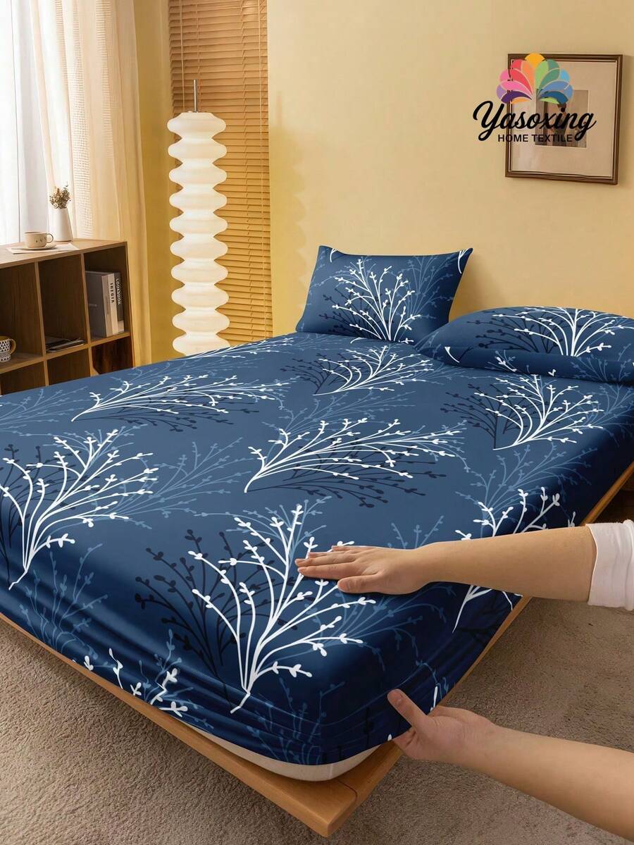 2/3pcs Navy Blue Leaf & Floral Pattern Bedding Set (Excluding Filler), Bedroom Fitted Sheet Set, Made Of Microfiber, Breathable & Comfortable, Includes 1 Mattress Cover And 1/2 Pillowcases, Available In Oversized, King, Queen, Twin Sizes, Deep Pocket Design Up To 11.8 Inches, Wrinkle-Resistant, Improves Sleep Quality, Machine Washable, Suitable For Dorms, Back To School Season, Etc. - Navy Blue - View 1