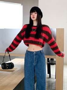 Women's Striped Knit Sweater, Long Sleeve Loose Cropped Top, Autumn/Winter