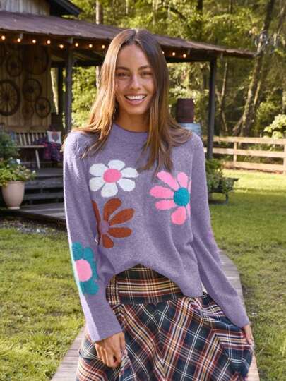 بلوزة نسائية محبوكة بياقة مستديرة وأكمام طويلة للخريف والشتاء، تصميم كاجوال ومريح، بنقشة زهرية، مناسبة للارتداء اليومي والتنقل والتنقل، بلوزة خريفية للنساء