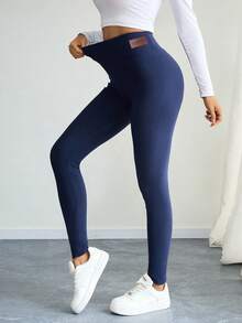 女士高腰抓绒瑜伽裤 - 高弹保暖紧身裤，适合运动健身 - 藏蓝色 - 查看 4