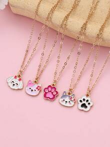 5 件彩色可爱猫、狗和爪印吊坠项链套装，适合女孩日常佩戴和赠送朋友 - 彩色 - 查看 2