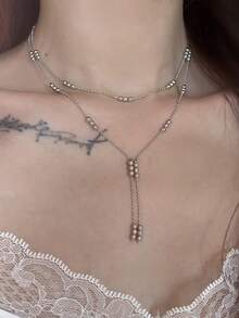 小众设计金属球吊坠项链，个性欧美风双层简约锁骨链女款 - 銀色 - 查看 2