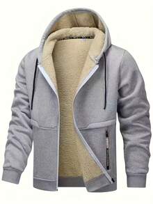 Men's Fashionable Lined Hooded Jacket - Warm And Comfortable Solid Color Zipper Autumn/Winter Casual Polyester Fiber Jacket With Drawstring Hooded, Cold Weather Clothing/Fashionable Hooded Jacket/Plush Lined Hooded Shirt  Winter    Regular Fit    Pocket  Zipper  Drawstring - 灰色 - 查看 1