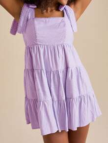 Women Sleeveless Mini Dress Casual Summer Tie Up Strap Striped Print A-Line Party Dress For Beach Club Streetwear - 紫色 - 查看 1