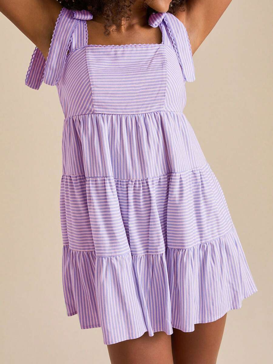 Women Sleeveless Mini Dress Casual Summer Tie Up Strap Striped Print A-Line Party Dress For Beach Club Streetwear - 紫色 - 查看 1