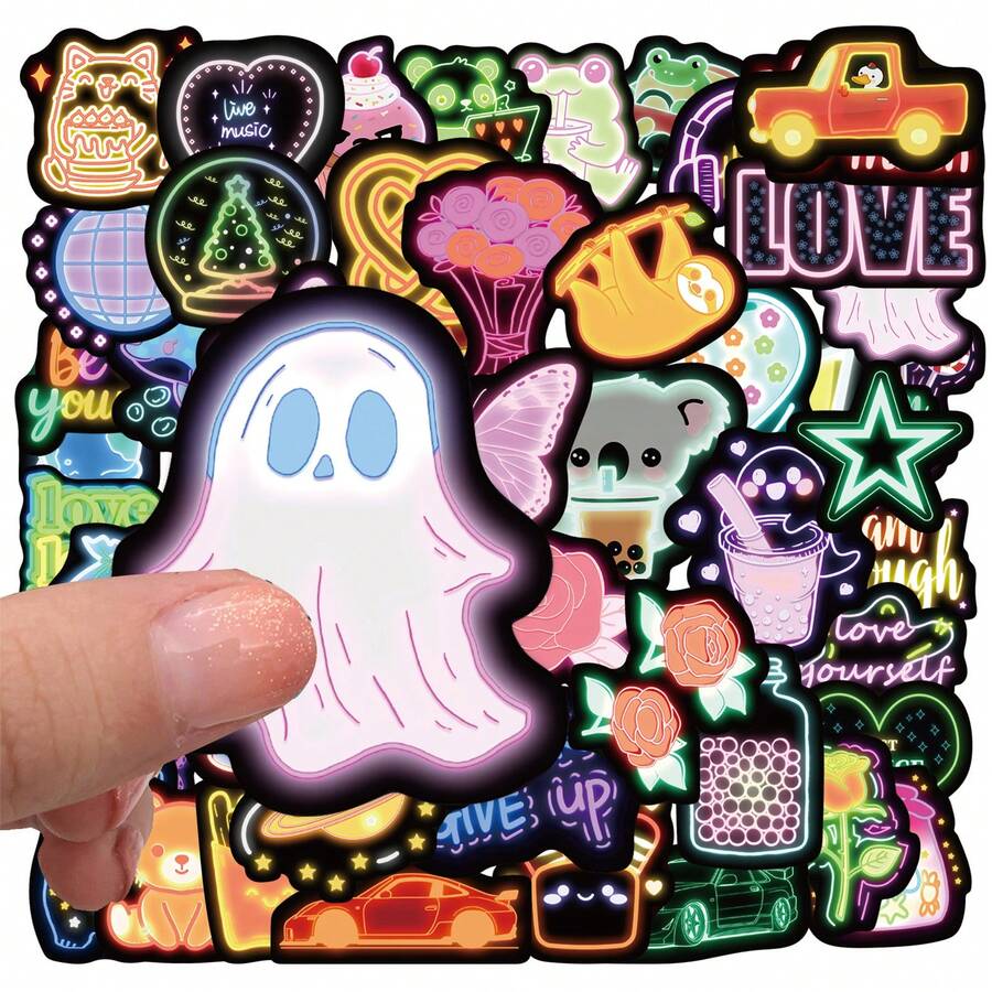 50 Pieces New Design Cute Neon Stickers For DIY Crafts, Party Favors, Candy Bag Decor, Seasonal Scrapbooking, Skateboard & Notebook Personalization - Multicolor - View 1
