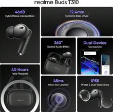 Realme Buds T310 真无线入耳式耳机，46dB 混合主动降噪，360° 空间音频，12.4 毫米动圈式低音单元，电池续航时间长达 40 小时，支持快速充电 - 紫色 - 查看 2