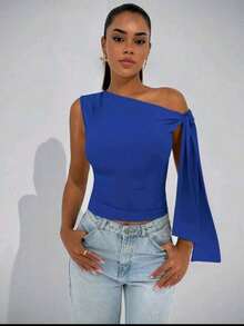 Elegant Suplex T-Shirt Top With Asymmetrical Shoulders And Straps, Ideal For Daily Use, Outings, Nightclubs, Parties, Halloween Costumes - Xanh đậm - Xem 3