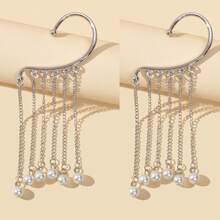 2 Pcs Stylish Imitation Pearl Decor Silver Tassel Chain Wrap Around Earrings Ear Cuffs No Piercing Daily Party Jewelry