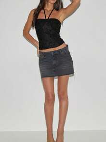 Women Fairy Grunge Camisole Tops Summer Y2k Floral Halter Neck Crop Tops Summer Sequin Slim Fit Backless Sleeveless Tank Tops Going Out Vest Tops Vintage Aesthetic Clothes Streetwear - 黑色 - 查看 4