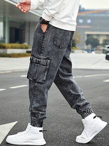 Pantalones vaqueros para hombre, pantalones harem para hombre, pantalones ajustados con bolsillos. - Gris - Ver 3