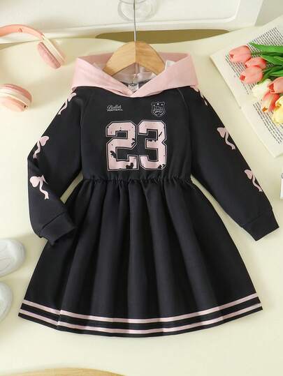 1 pieza Vestido de niña casual con capucha de manga larga, suave y cómodo, con estampado de números y letras y lazo, adecuado para uso al aire libre, otoño/invierno